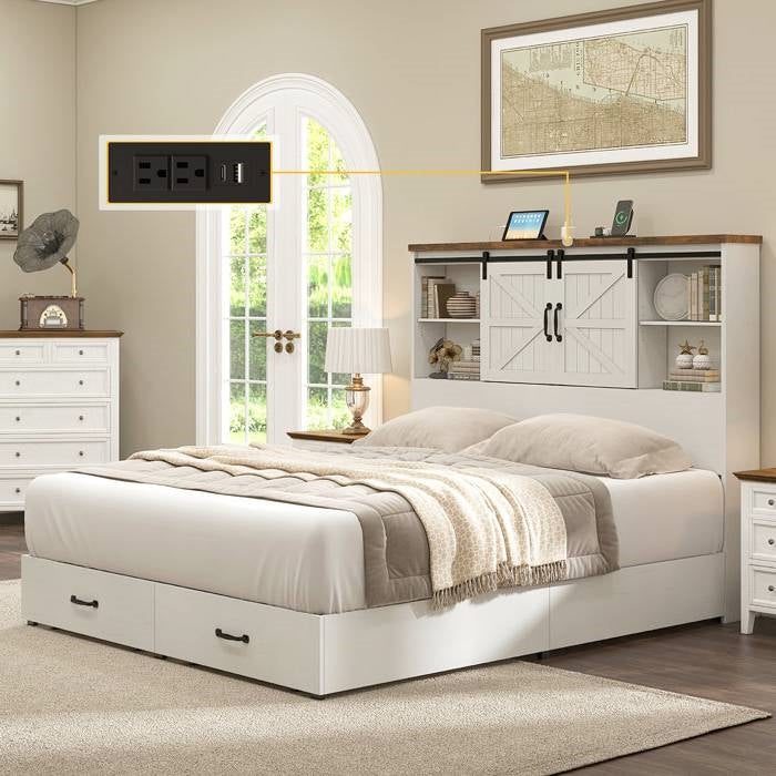 Queen White Farmhouse Platform Bed with Bookcase Headboard and Storage Drawers-1