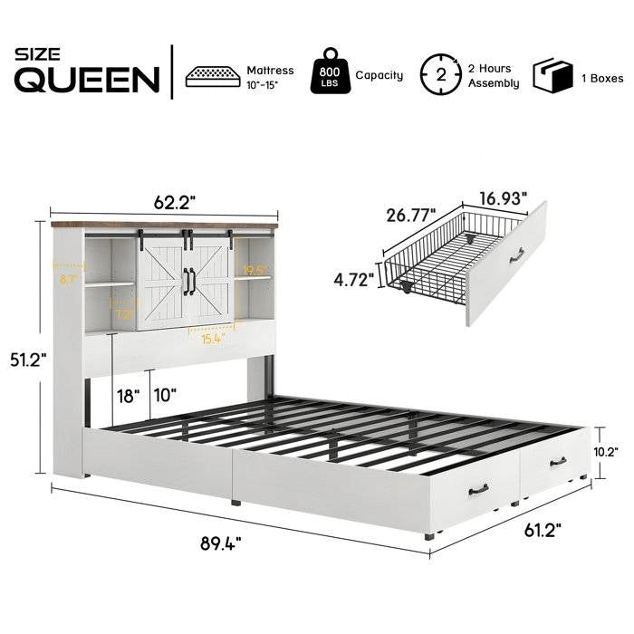 Queen White Farmhouse Platform Bed with Bookcase Headboard and Storage Drawers-4