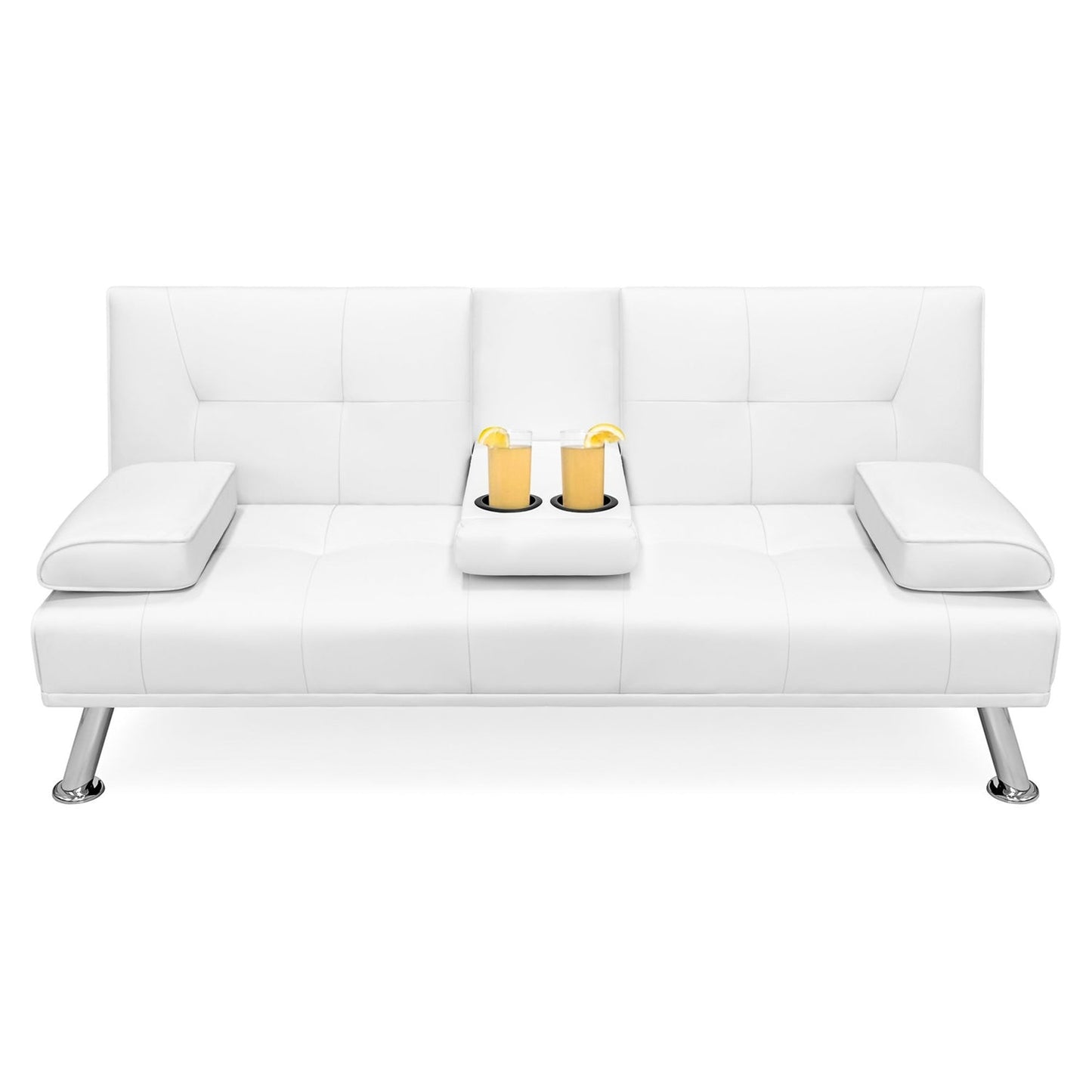 White Faux Leather Convertible Sofa Futon with 2 Cup Holders-0