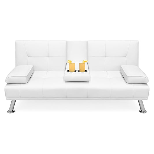 White Faux Leather Convertible Sofa Futon with 2 Cup Holders-0