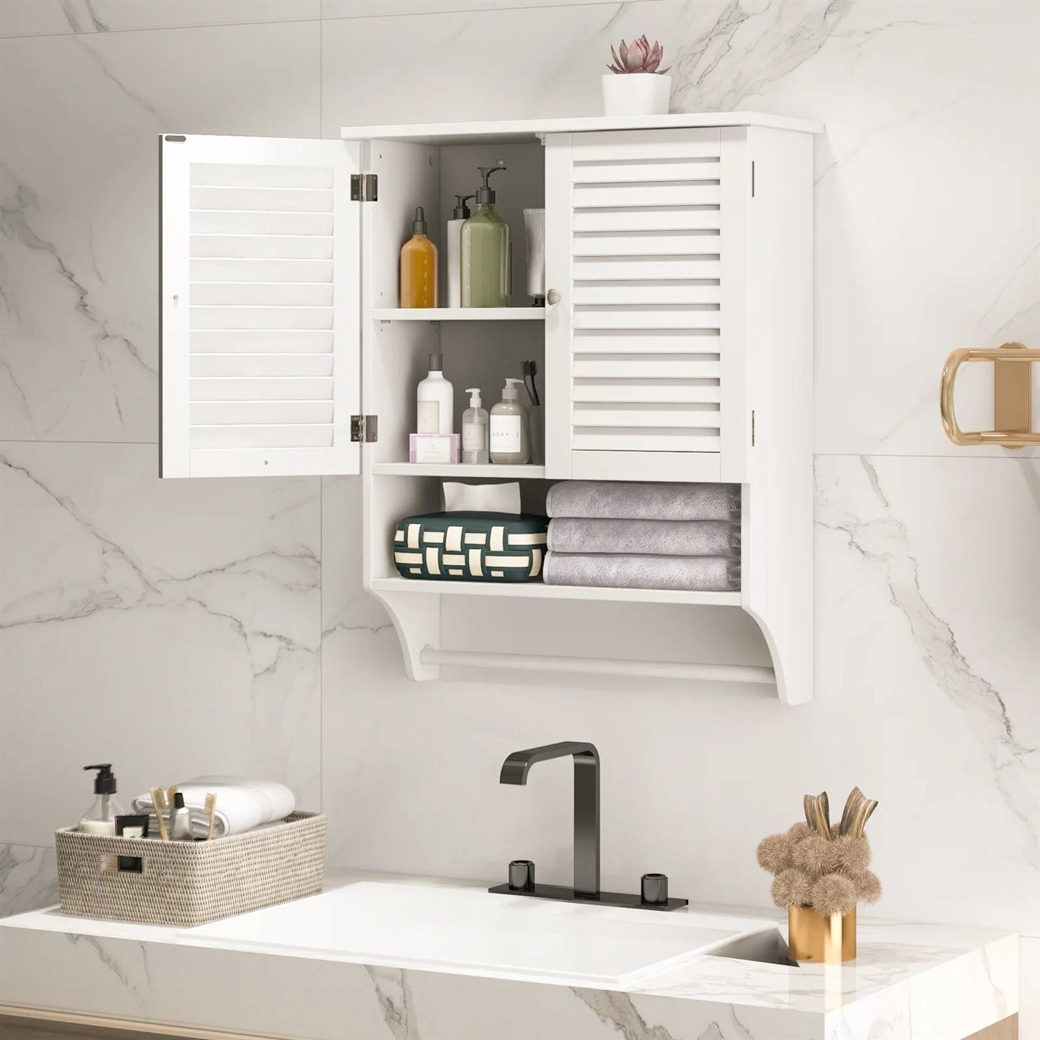White Wall-Mounted Bathroom Storage Medicine Cabinet with Louver Doors-0