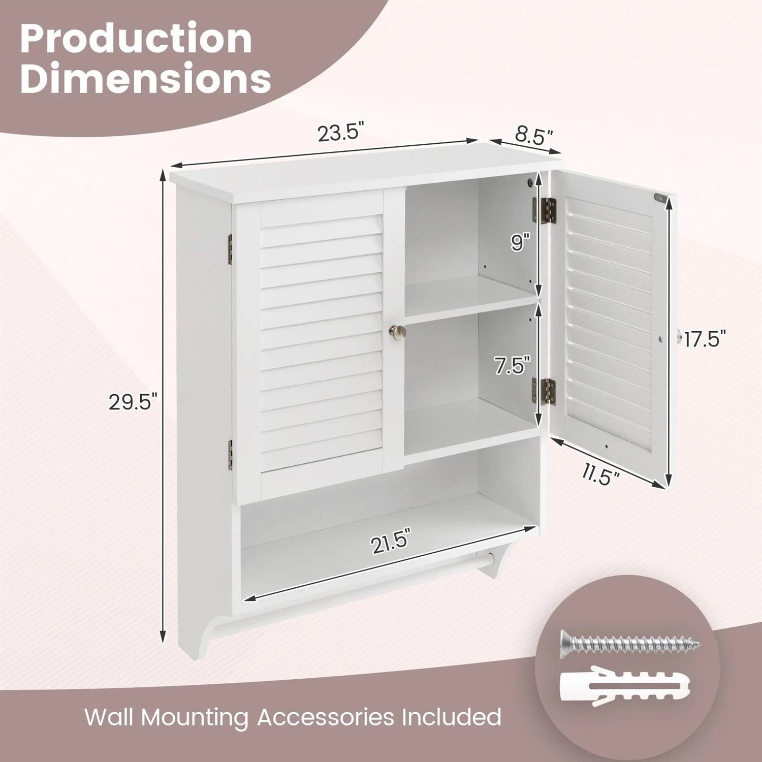 White Wall-Mounted Bathroom Storage Medicine Cabinet with Louver Doors-4