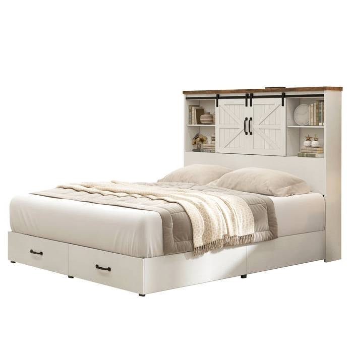 King - White Sliding Barn Door Bookcase Wooden Platform Bed Storage Drawers-0