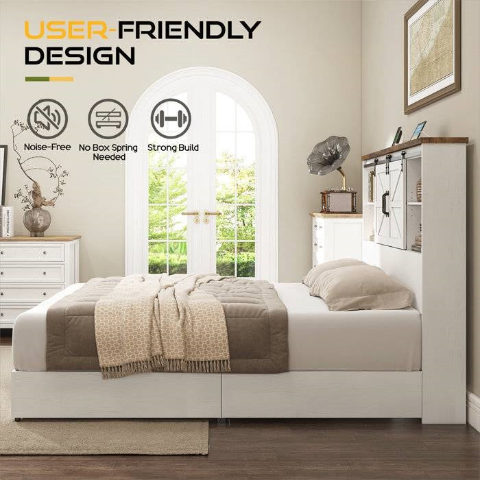 King - White Sliding Barn Door Bookcase Wooden Platform Bed Storage Drawers-2