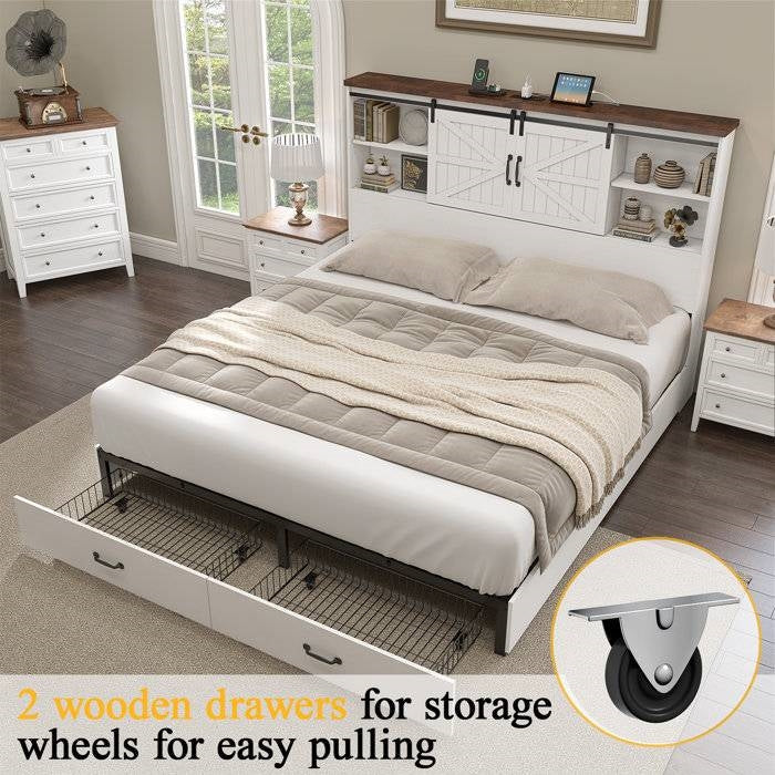 King - White Sliding Barn Door Bookcase Wooden Platform Bed Storage Drawers-3