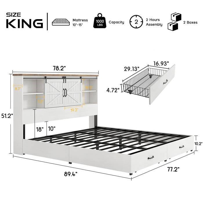 King - White Sliding Barn Door Bookcase Wooden Platform Bed Storage Drawers-4