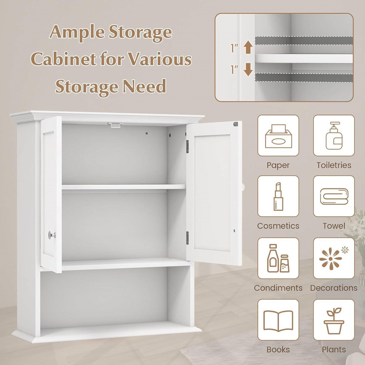 Wall Mounted Bathroom Medicine Cabinet with Open Storage Shelf in White-3