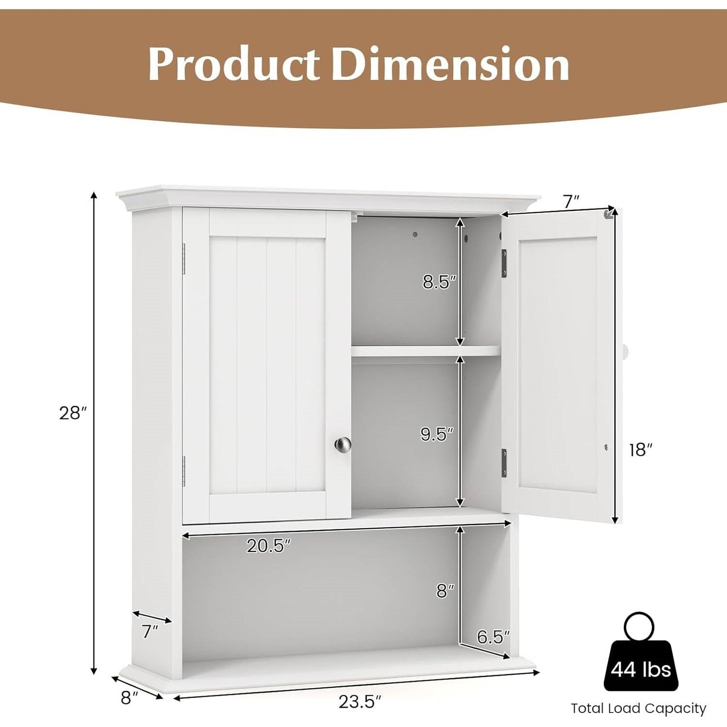 Wall Mounted Bathroom Medicine Cabinet with Open Storage Shelf in White-4