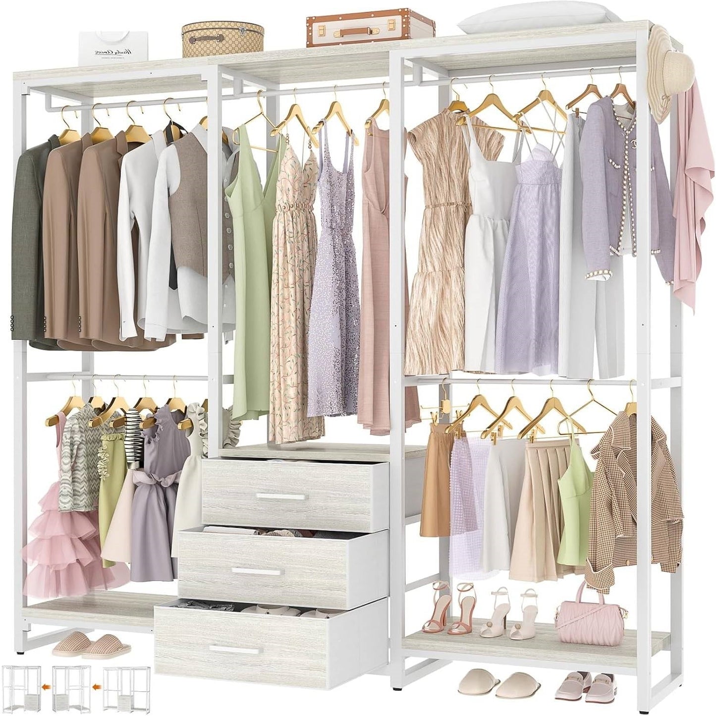 Heavy Duty White Metal Freestanding Garment Rack Closet Wardrobe with 3 Drawers-0