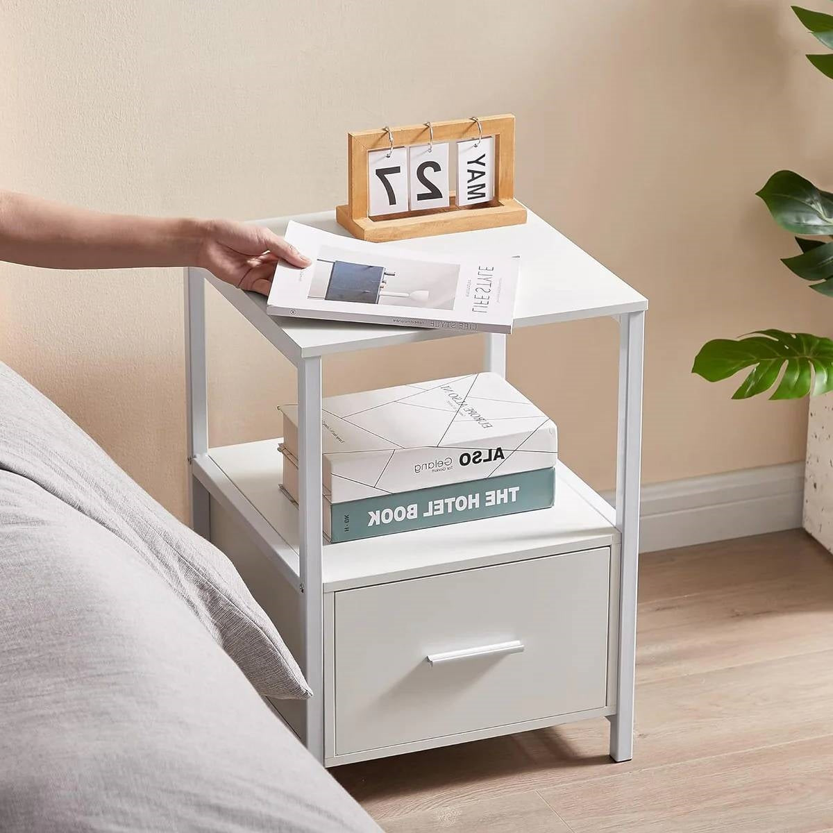 Set of 2 - Modern White Metal Wood Side End Table Nightstand with Storage Drawer-2