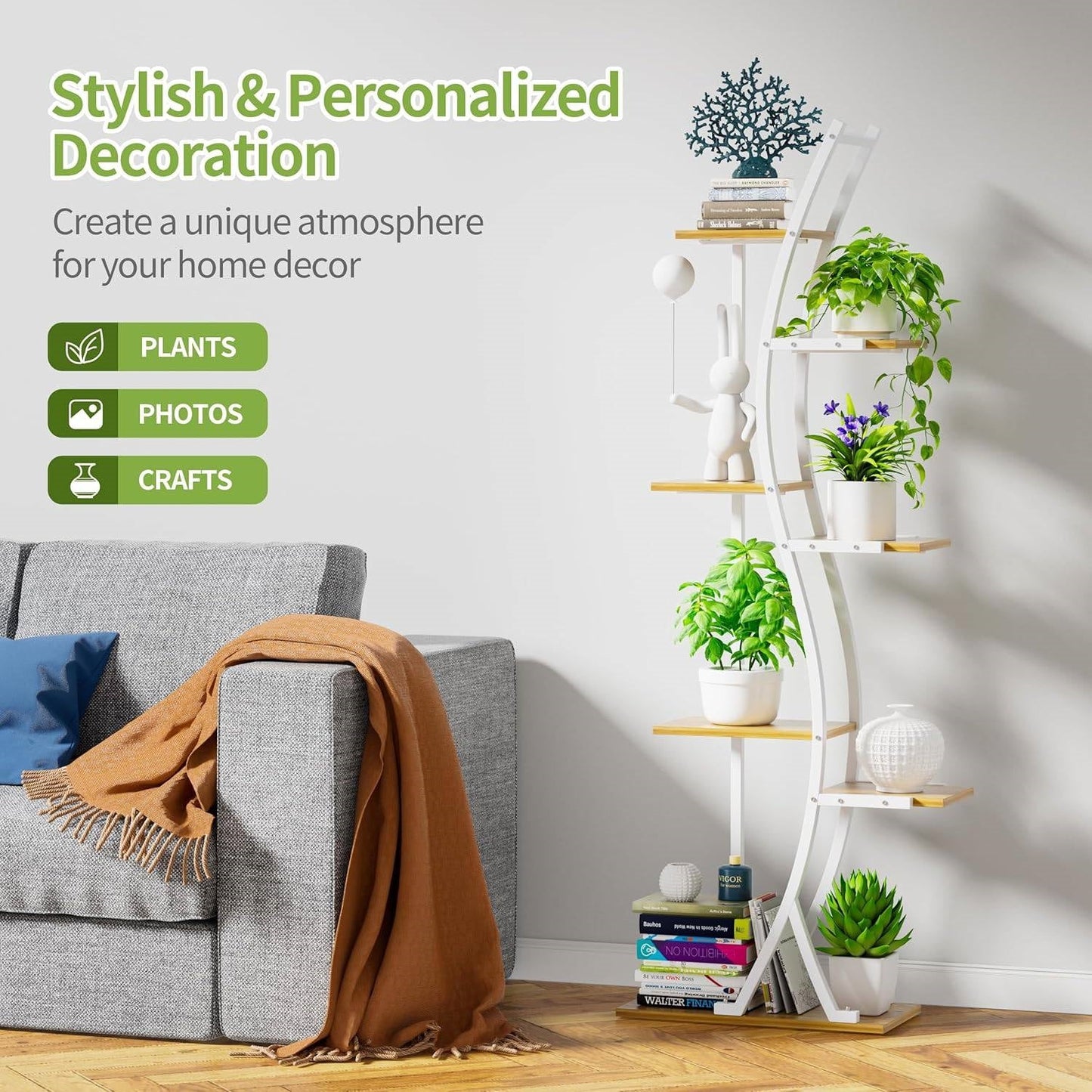 63-inch Tall Indoor Plant Stand with White Metal Frame and Wood Finish Shelves-2