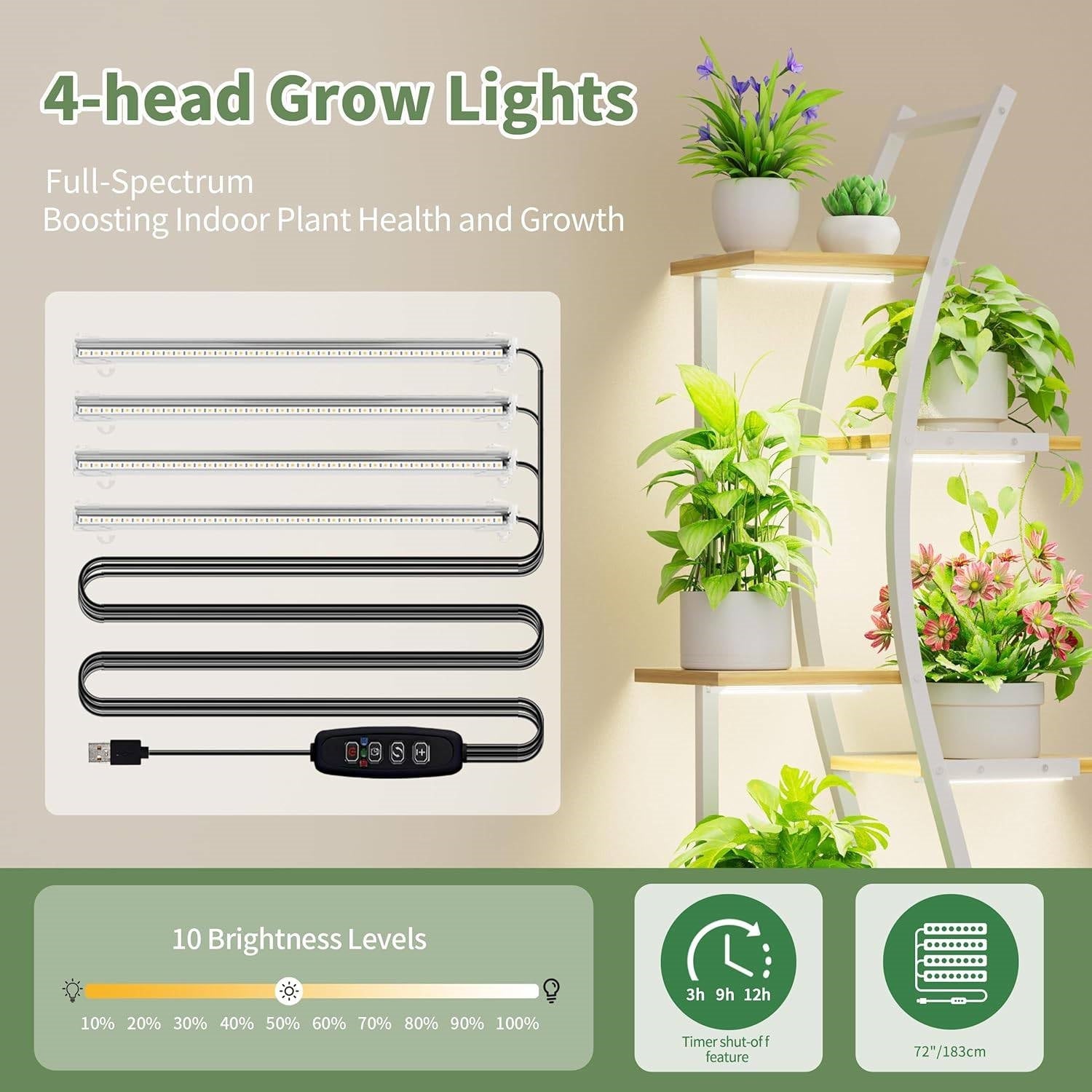 63-inch Tall Indoor Plant Stand with White Metal Frame and Wood Finish Shelves-3
