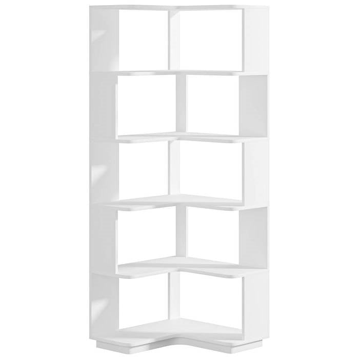 Multifunctional 6 Shelf Corner L-Shaped Bookcase in White Wood Finish-2