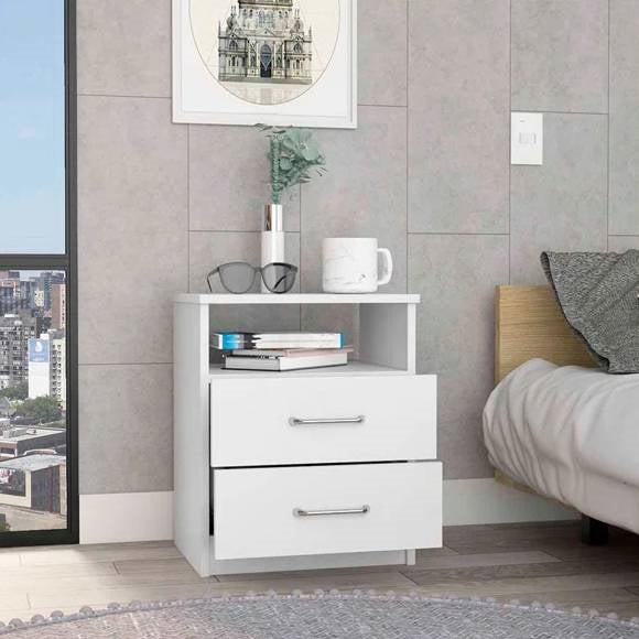 Modern 2-Drawer Nightstand with Open Shelf in White Wood Finish-1