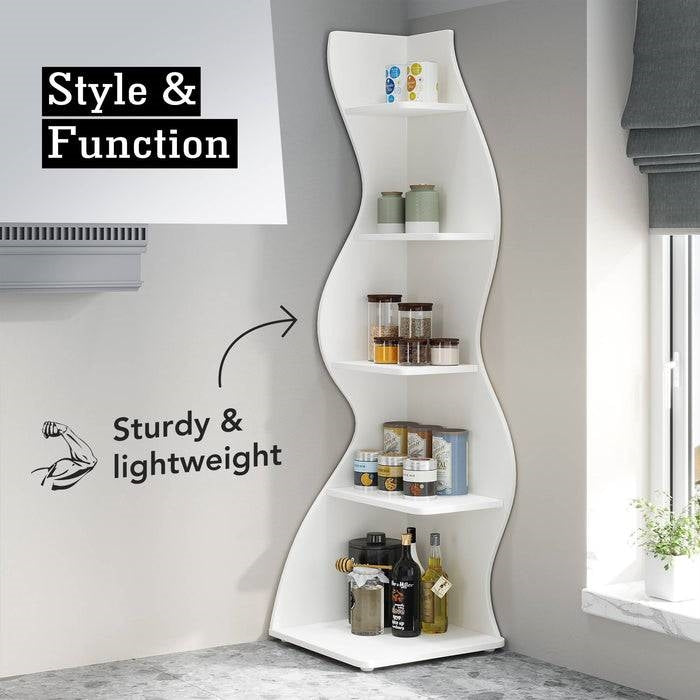 Modern Whimsical 5 Shelf Corner Bookcase Stand White Wood Finish-4