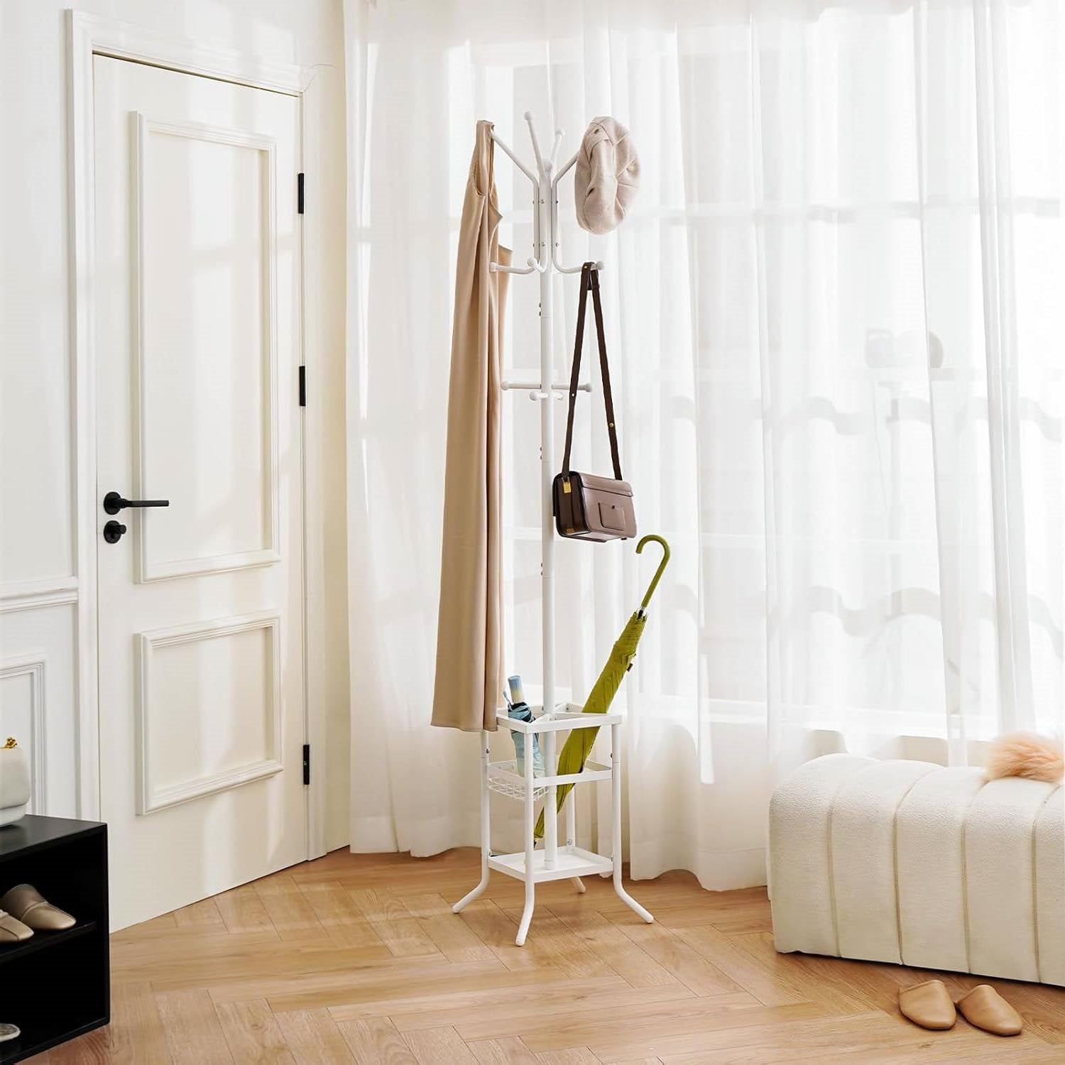 White Metal Coat Rack Entryway Hall Tree with Umbrella Holder-0
