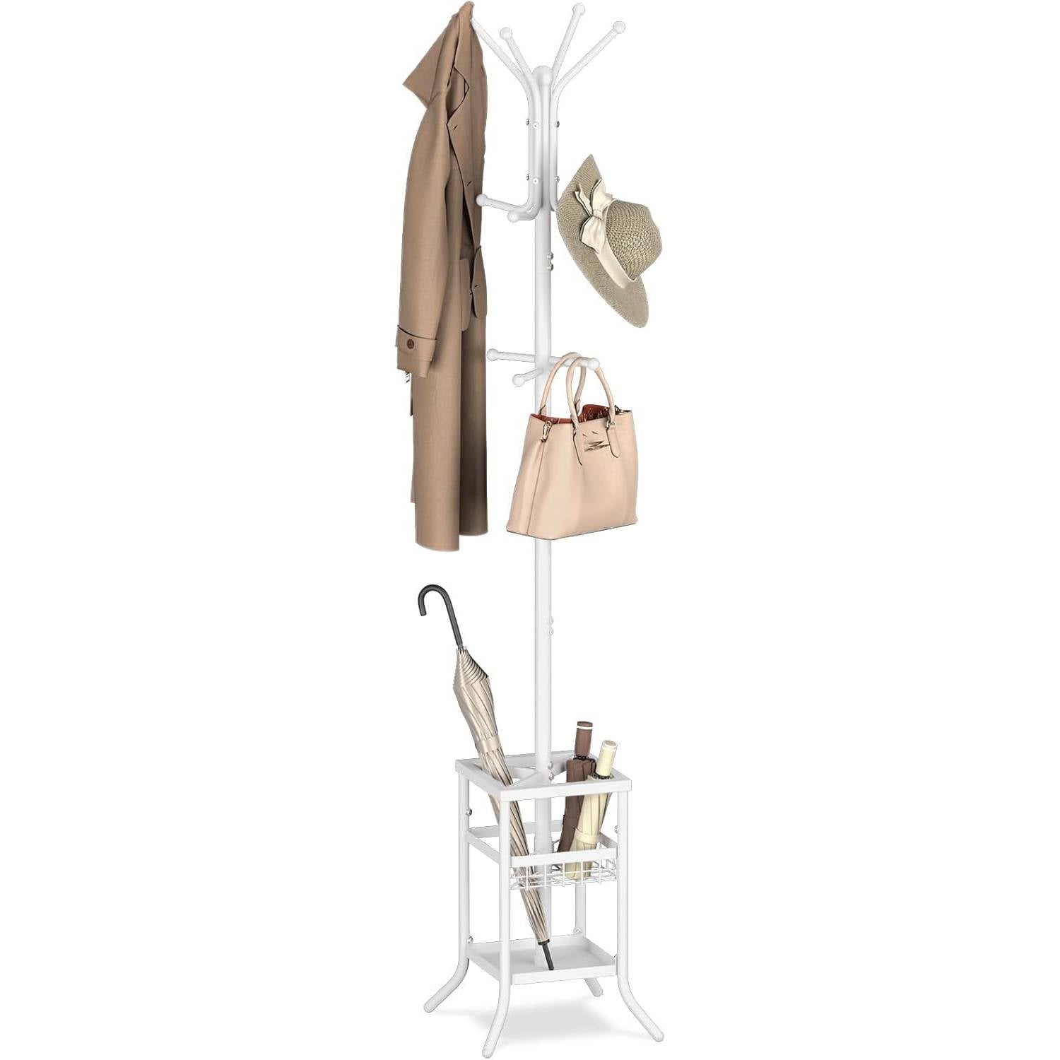 White Metal Coat Rack Entryway Hall Tree with Umbrella Holder-1