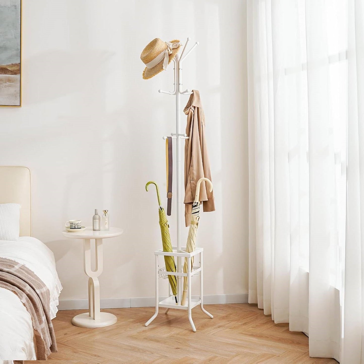 White Metal Coat Rack Entryway Hall Tree with Umbrella Holder-3