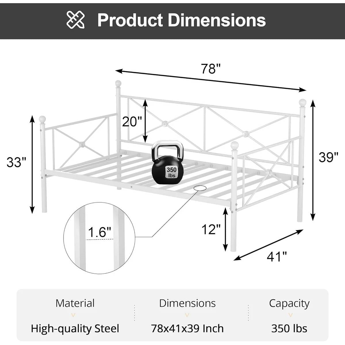Twin size Heavy Duty Metal Daybed Frame in Classic White Finish-4