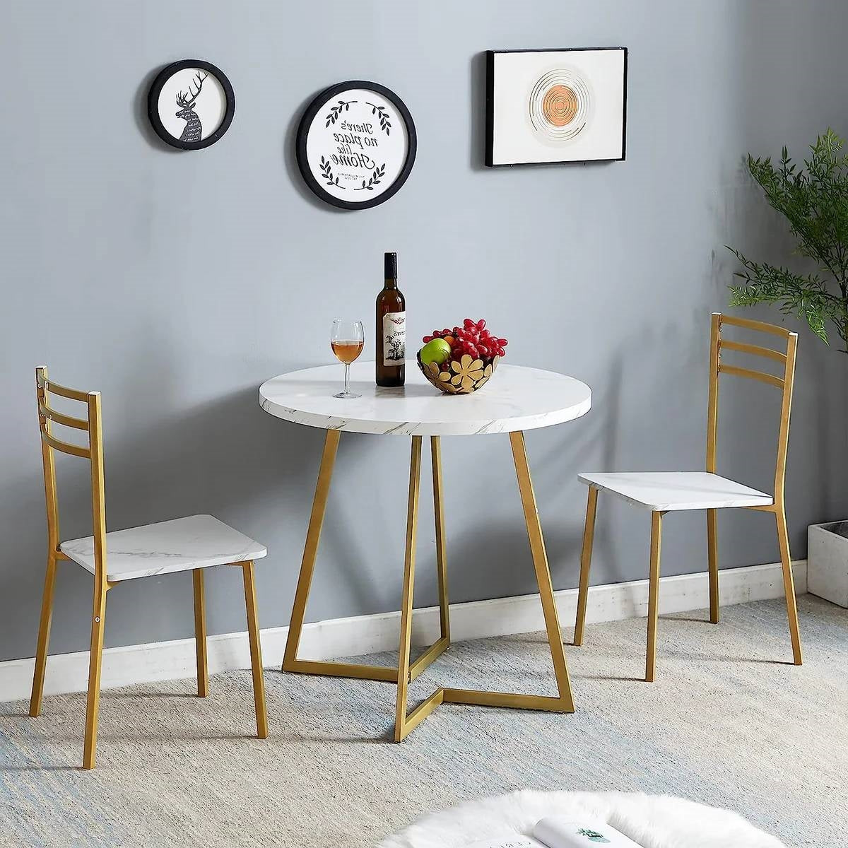 3-Piece Kitchen Dining Set with Round White Faux Marble-Top Table and 2 Chairs-0