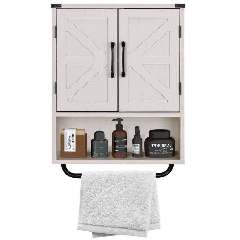White Farmhouse Bathroom Wall Cabinet with Storage Shelf and Towel Bar-0