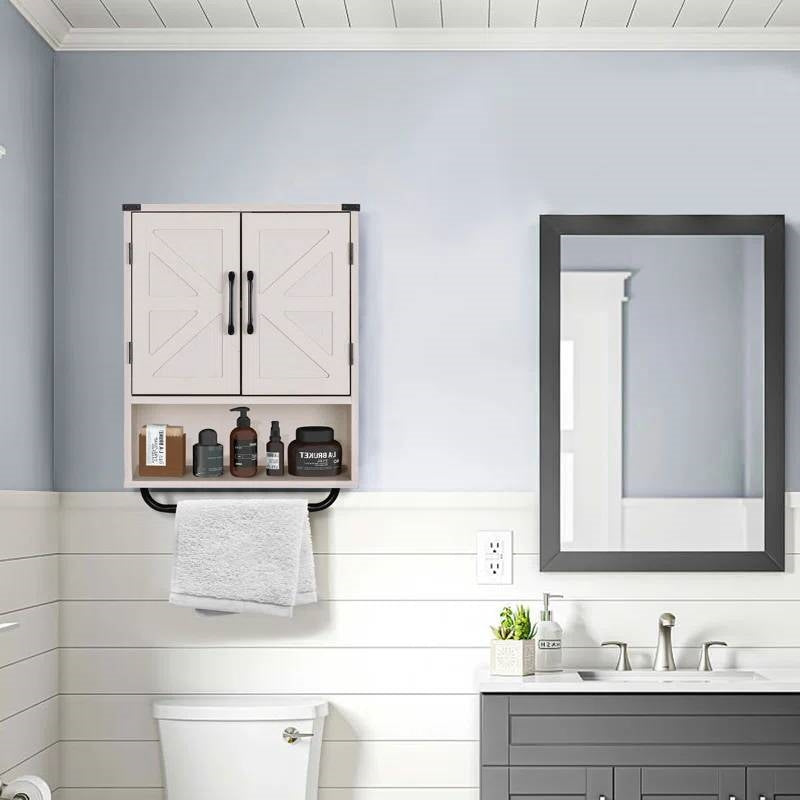 White Farmhouse Bathroom Wall Cabinet with Storage Shelf and Towel Bar-1