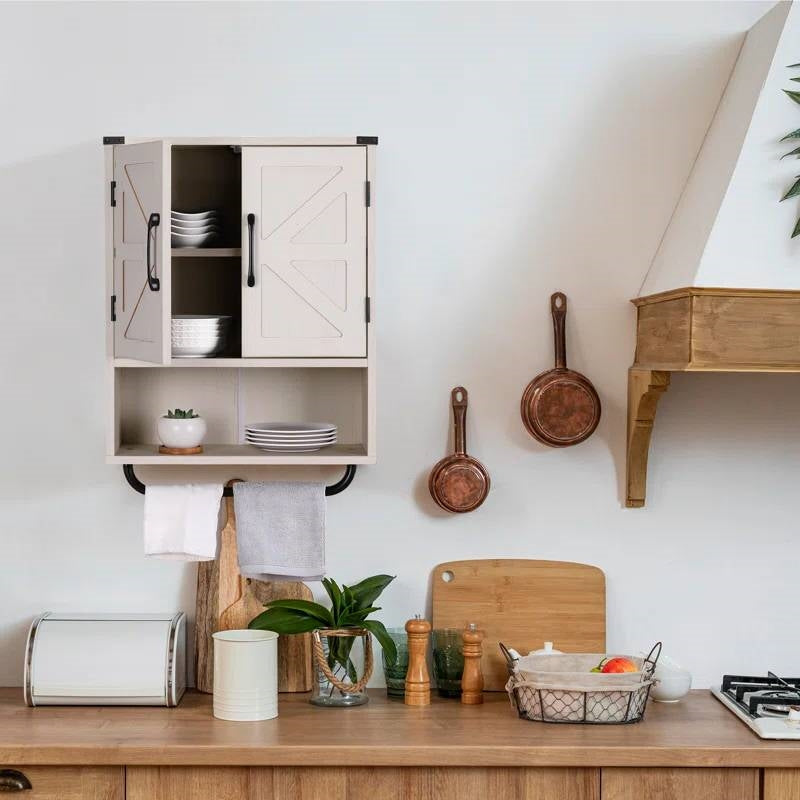 White Farmhouse Bathroom Wall Cabinet with Storage Shelf and Towel Bar-2