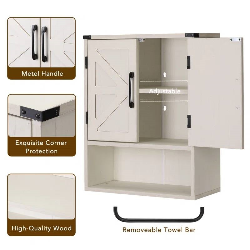 White Farmhouse Bathroom Wall Cabinet with Storage Shelf and Towel Bar-3