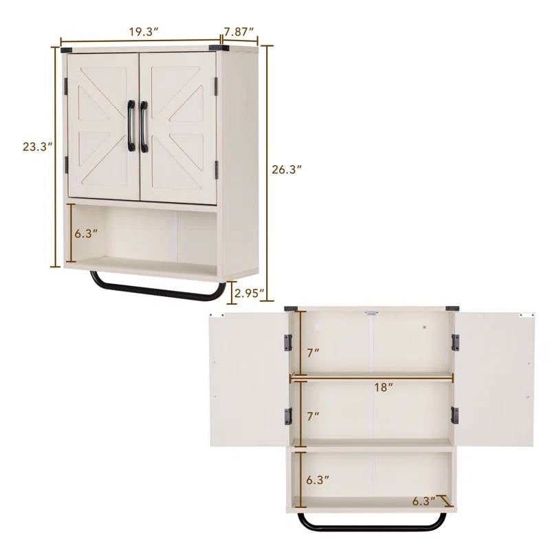 White Farmhouse Bathroom Wall Cabinet with Storage Shelf and Towel Bar-4