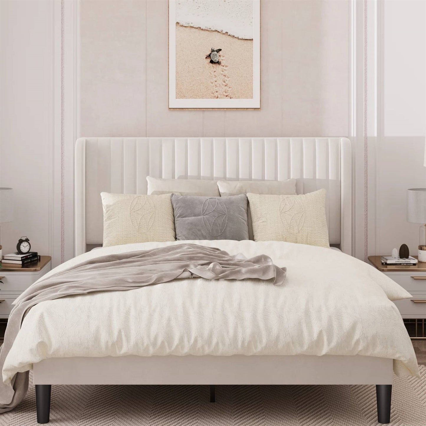 Queen size White Velvet Upholstered Platform Bed Frame with Wingback Headboard-1
