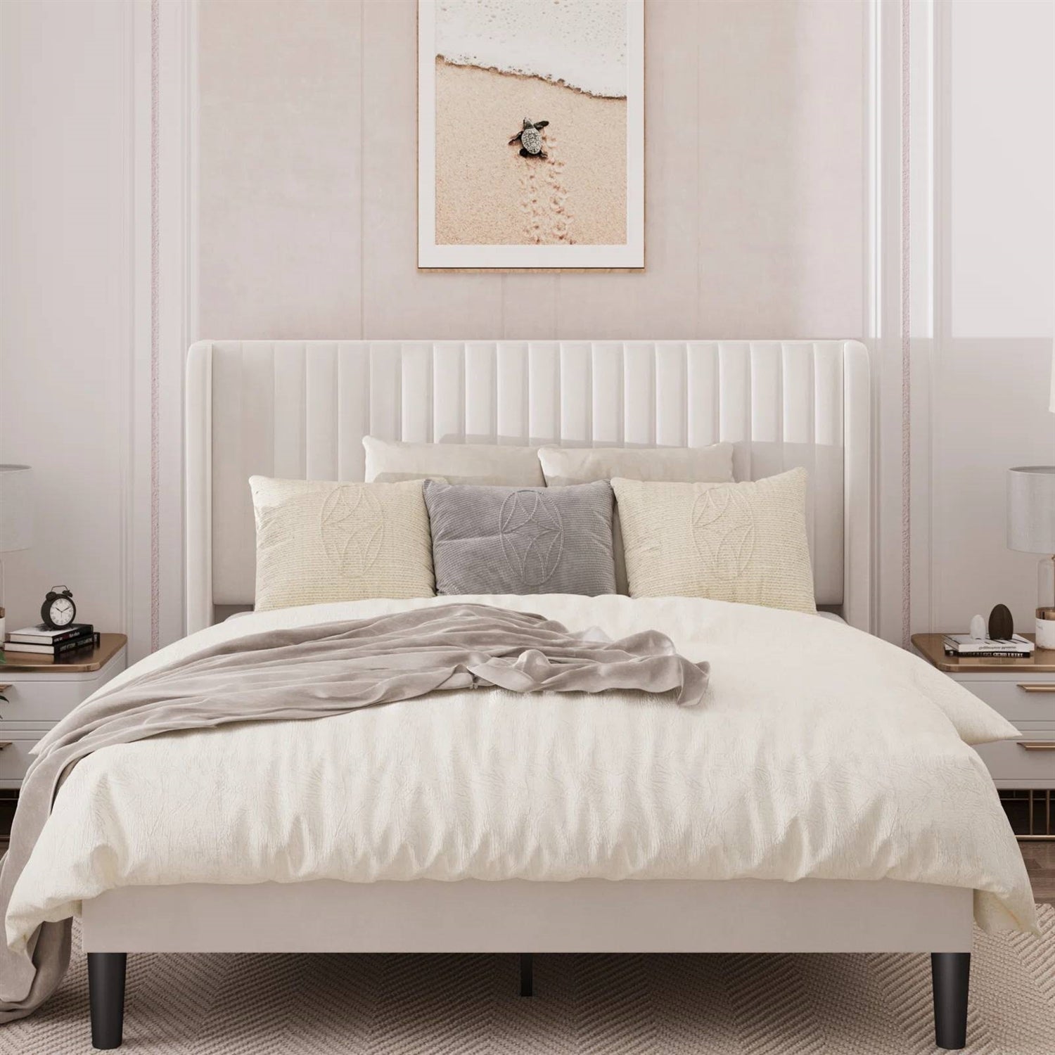 Queen size White Velvet Upholstered Platform Bed Frame with Wingback Headboard-1