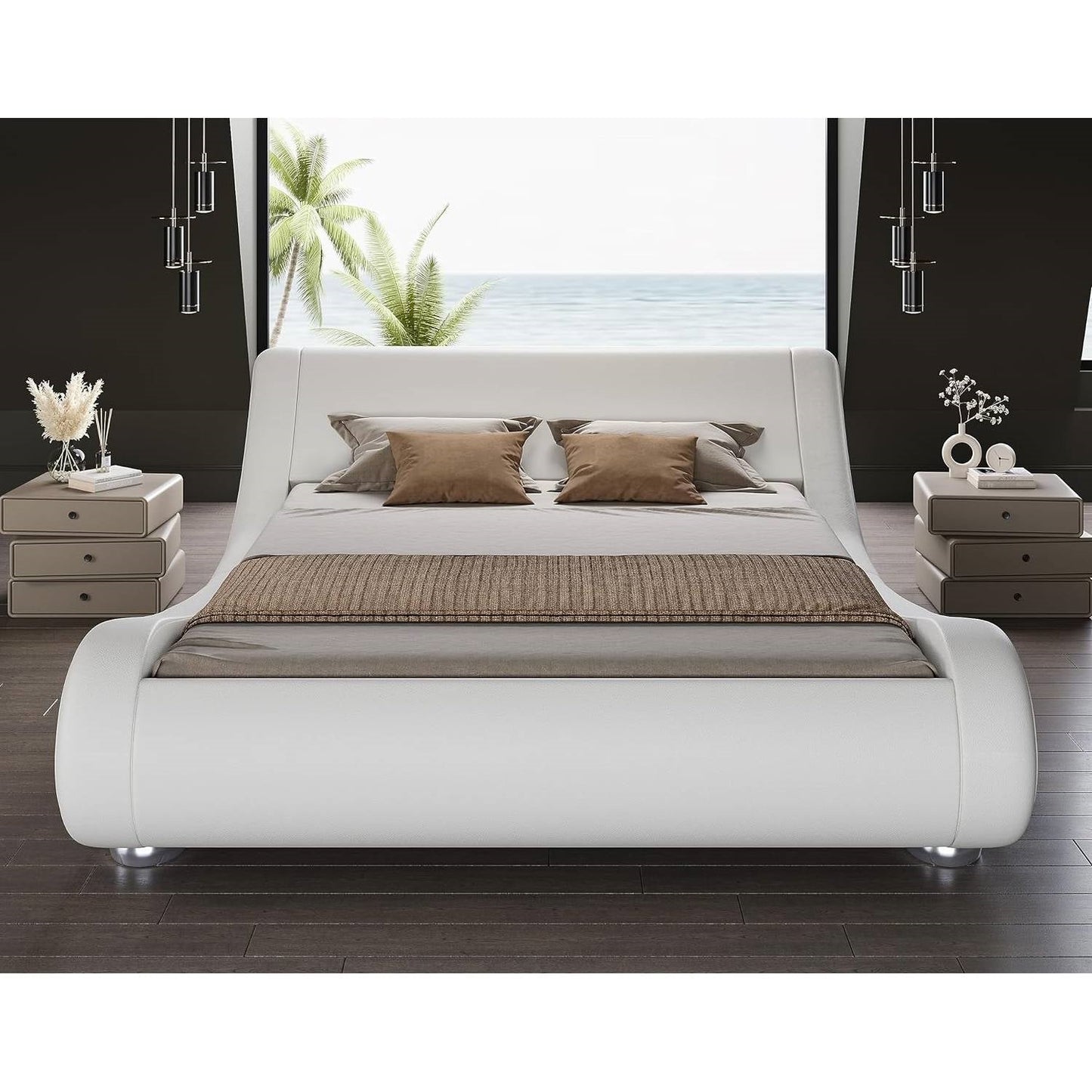 Queen Modern White Upholstered Platform Bed Frame with Sleigh Curved Headboard-1