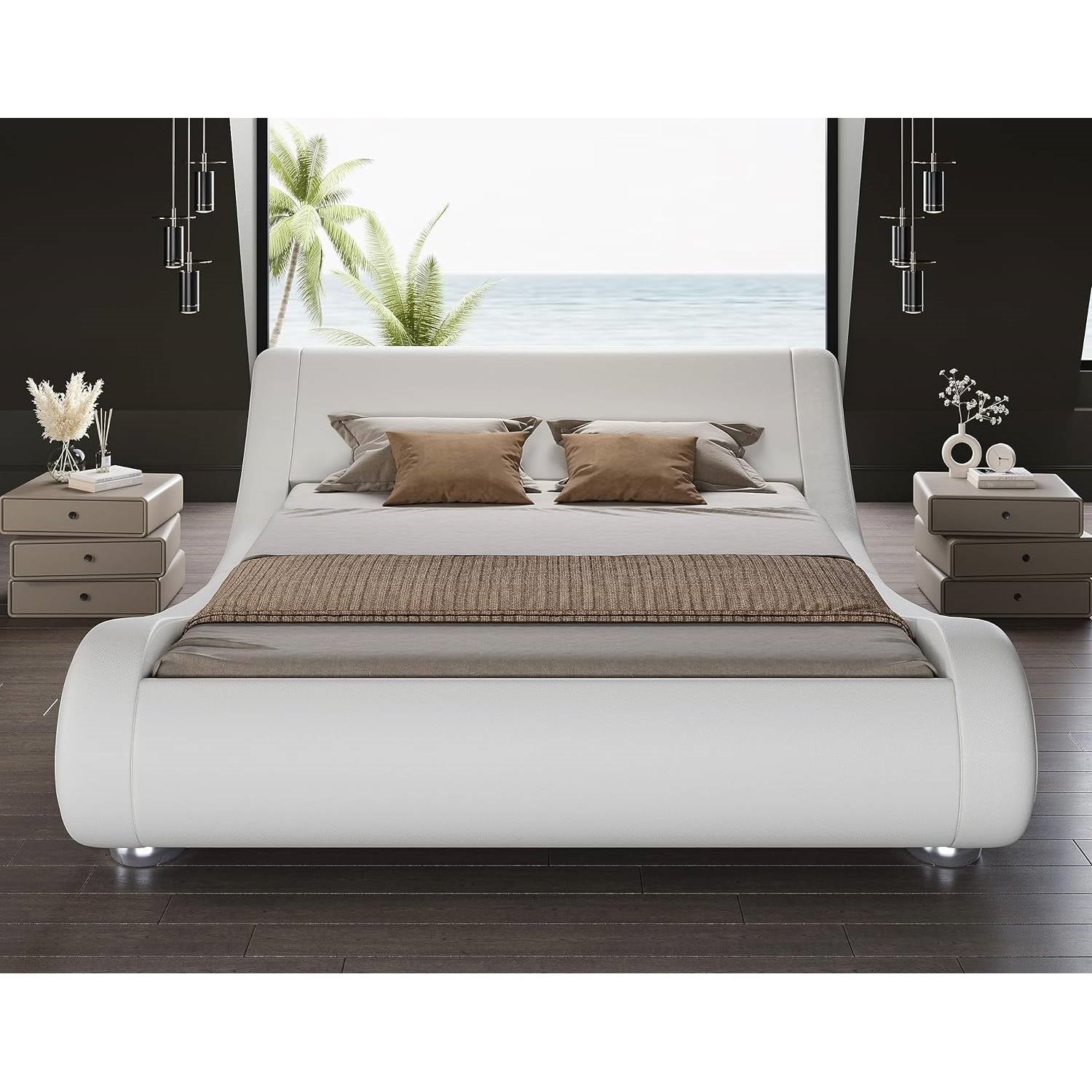 Queen Modern White Upholstered Platform Bed Frame with Sleigh Curved Headboard-1