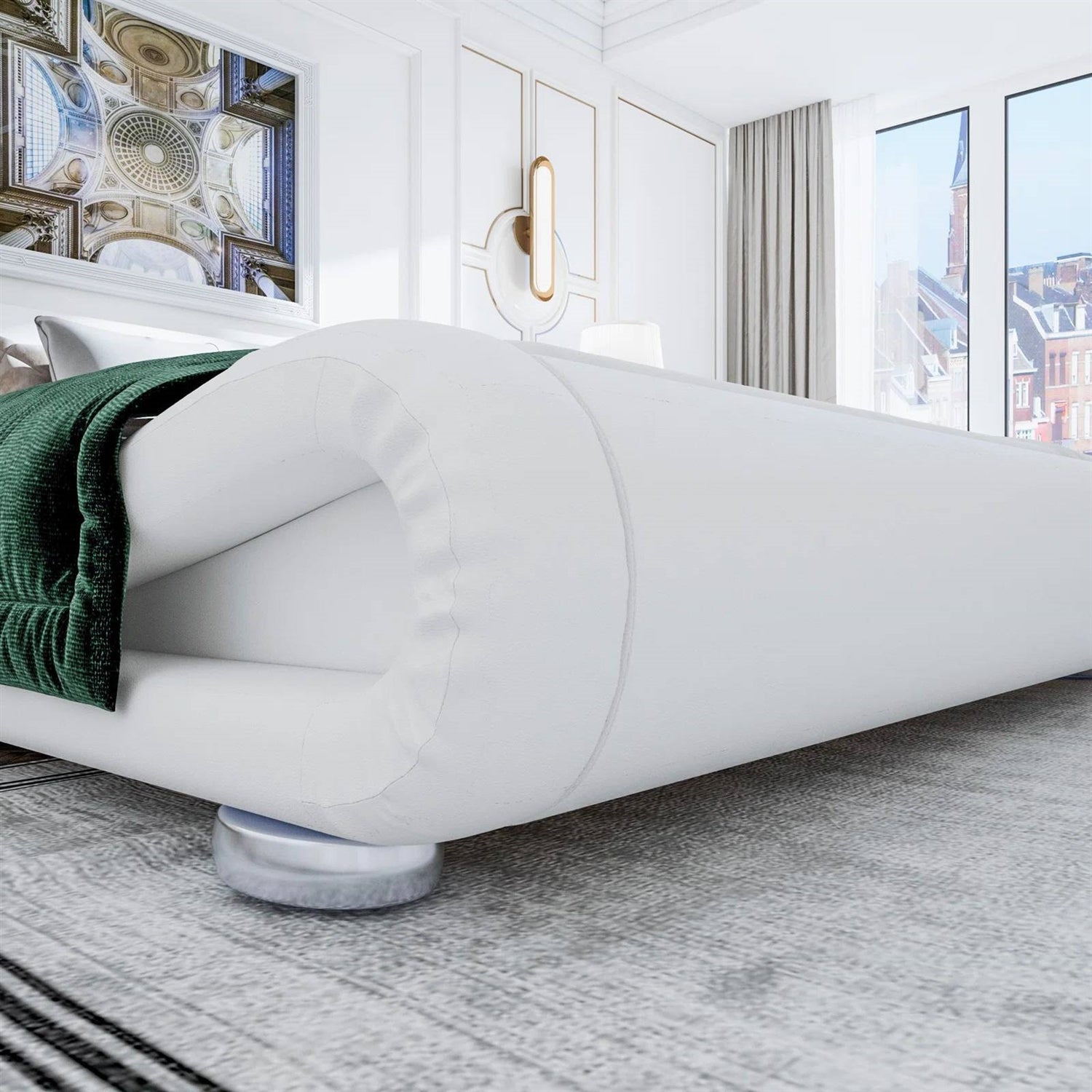 Queen Modern White Upholstered Platform Bed Frame with Sleigh Curved Headboard-3