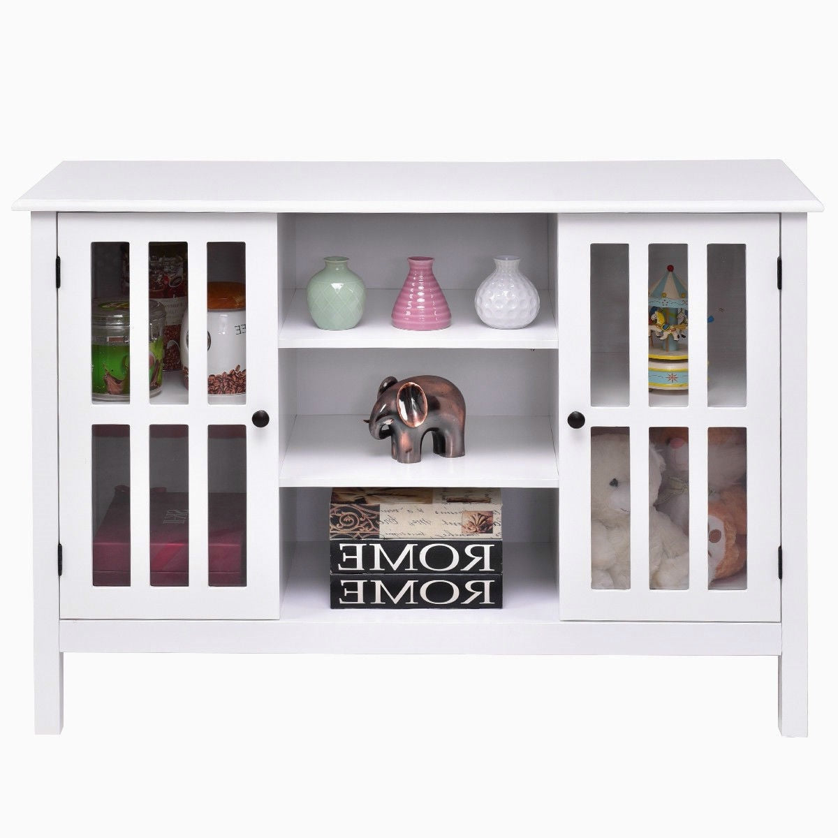 White Wood Sofa Table Console Cabinet with Tempered Glass Panel Doors-1