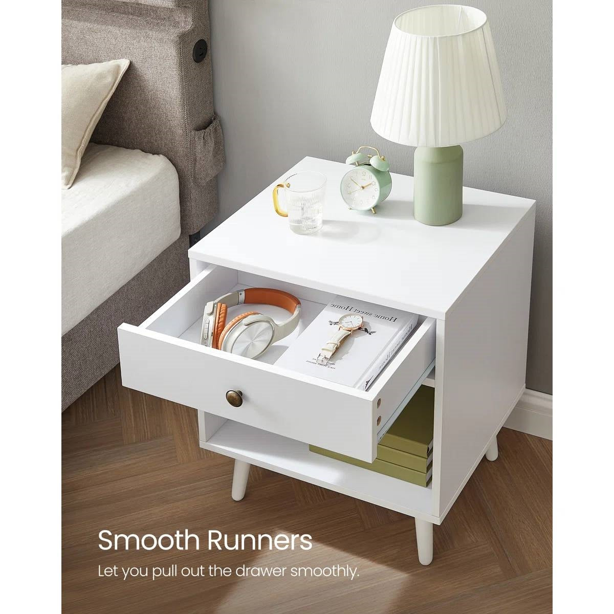 Mid-Century Modern Bedroom 1-Drawer Nightstand End Table in White Wood Finish-2