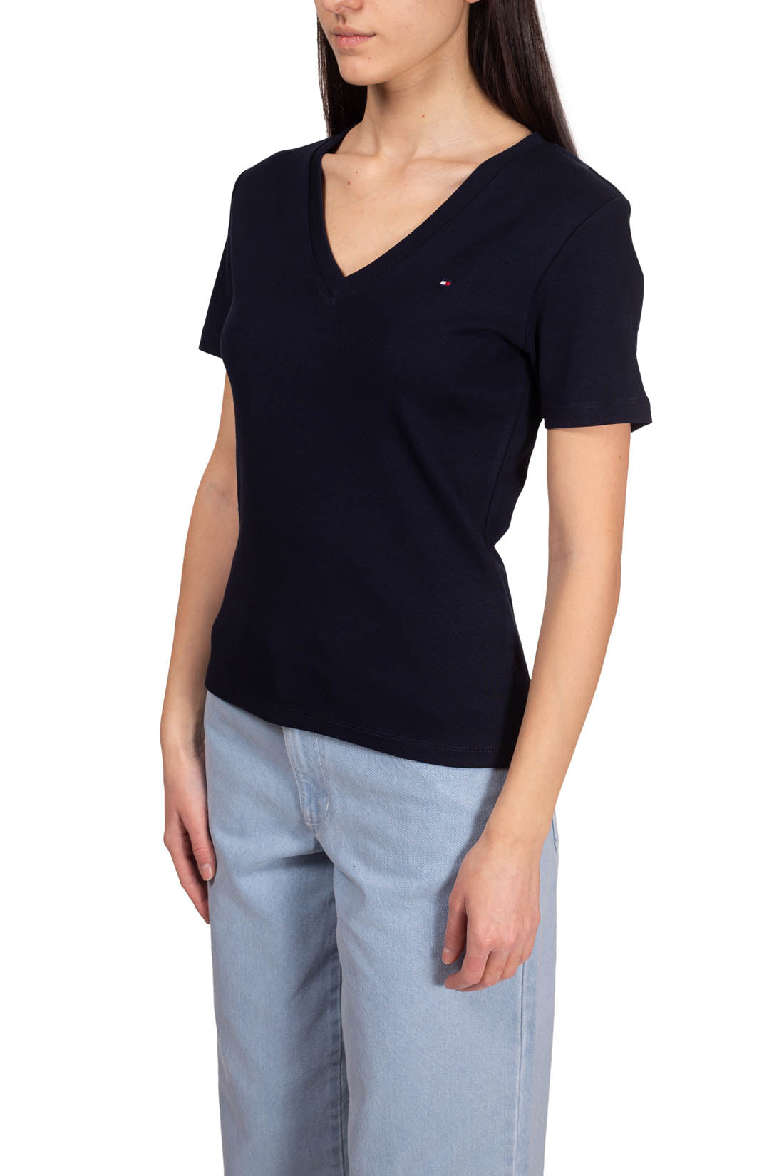 TOMMY HILFIGER - Women's slim T-shirt with v-neck  - Size L-7