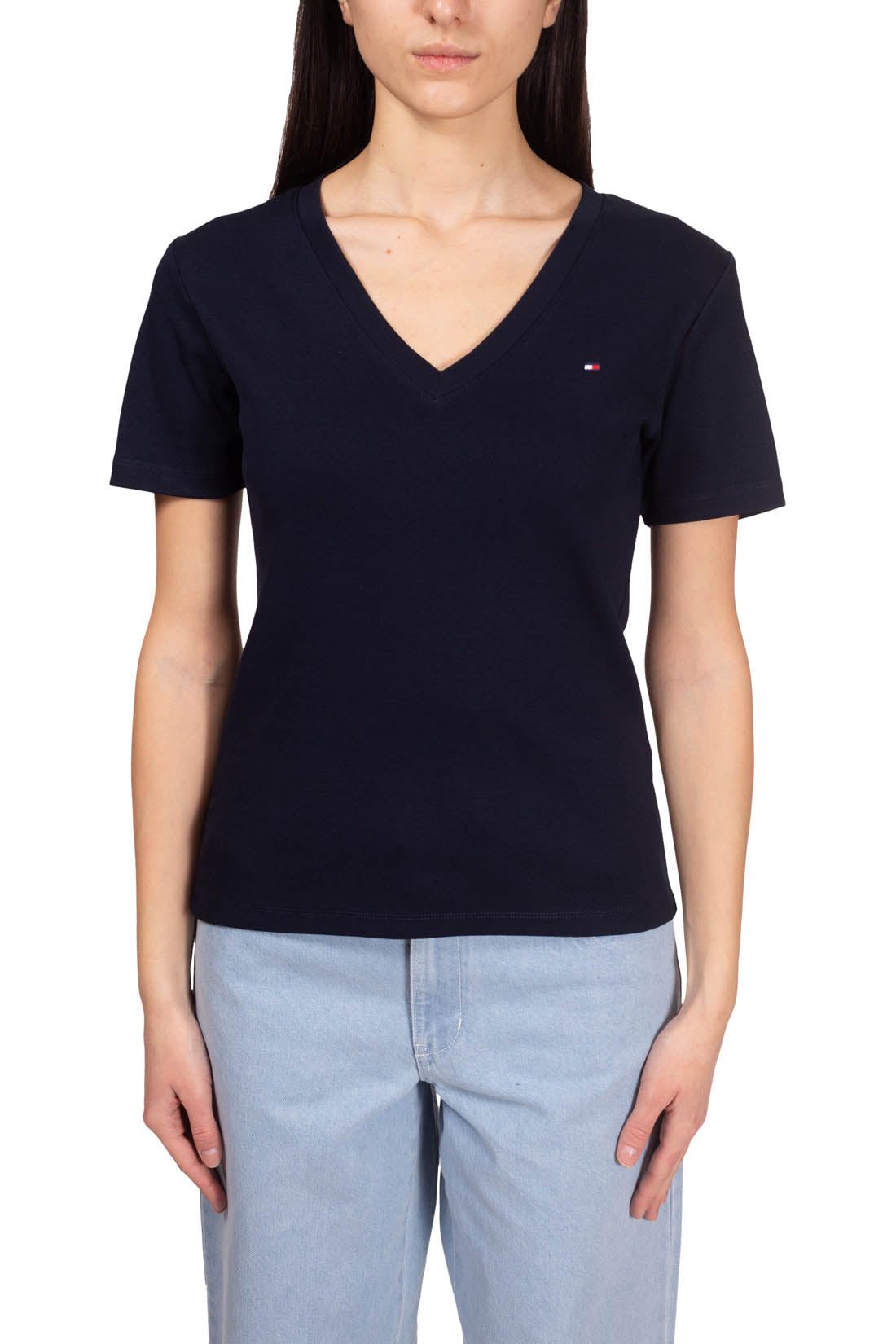 TOMMY HILFIGER - Women's slim T-shirt with v-neck  - Size L-1