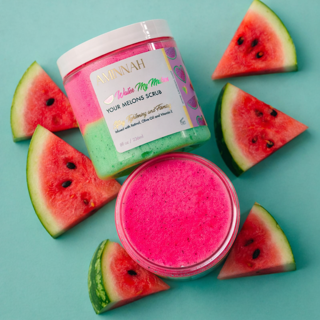 Two containers of pink and green scrub with watermelon slices on a teal background