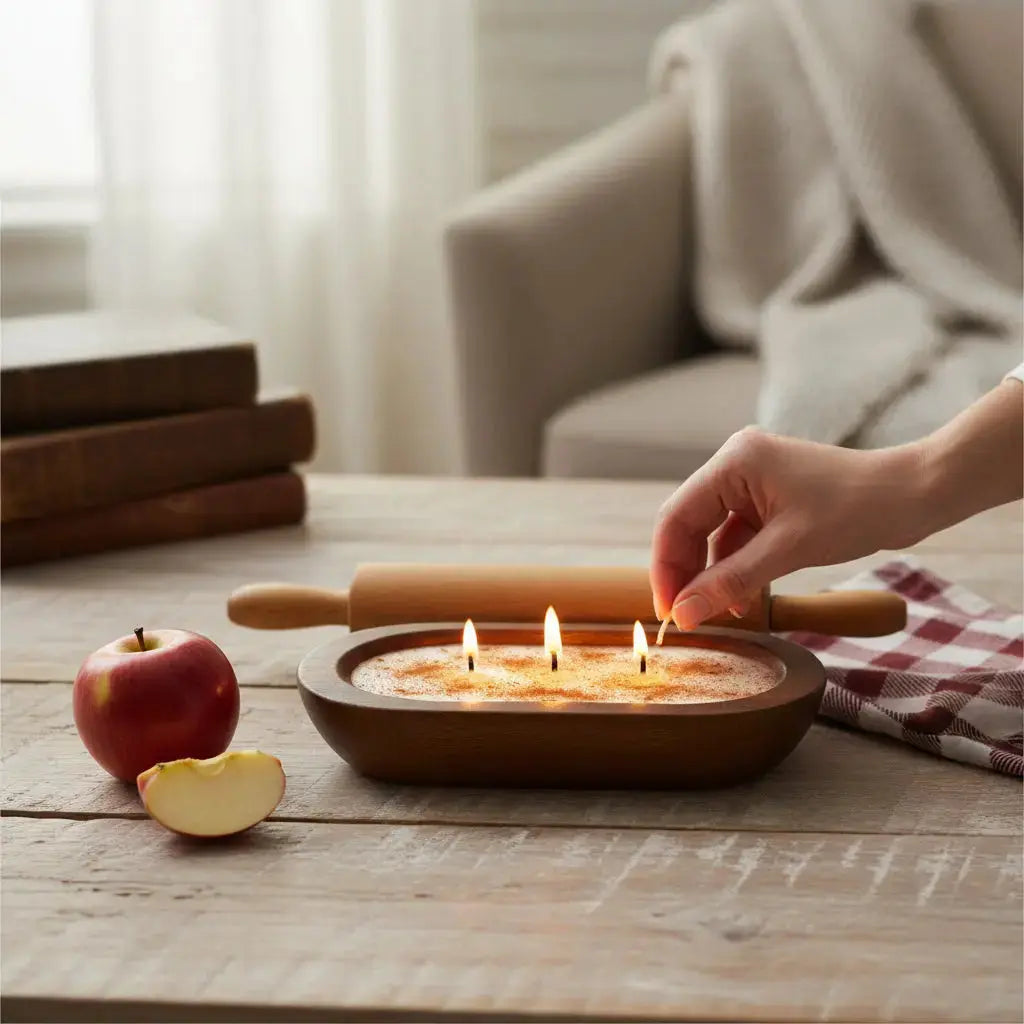 Hot Apple Pie Candle in Hand-carved Bowl | Organic Soy Candle
