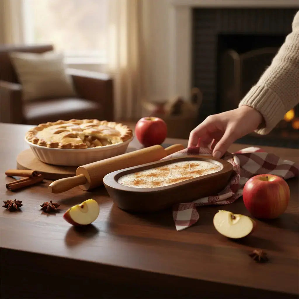 Hot Apple Pie Candle in Hand-carved Bowl | Organic Soy Candle