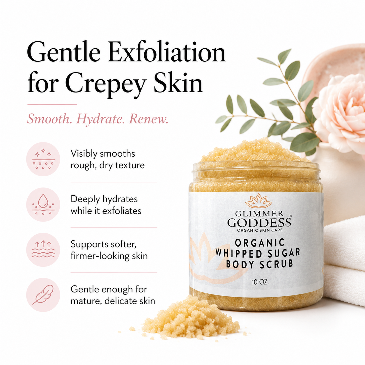 Organic Whipped Sugar Body Scrub 10 oz – Crepey Skin Treatment & Exfoliator