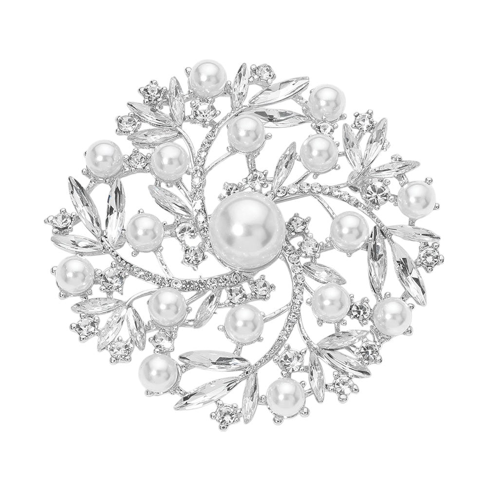 Pearl Rhinestone Embellished Flower Vine Brooch