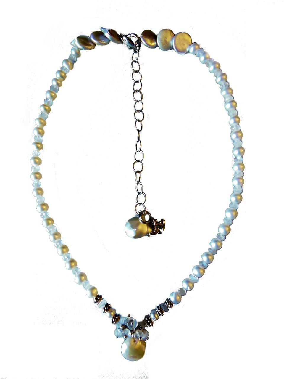 Coin pearl and moonstone snowflake cluster on round pearl necklace-0