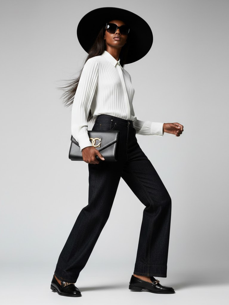 Wide-Leg Denim Trousers with Back Buckle Detail • BYMANYC ® New York-0