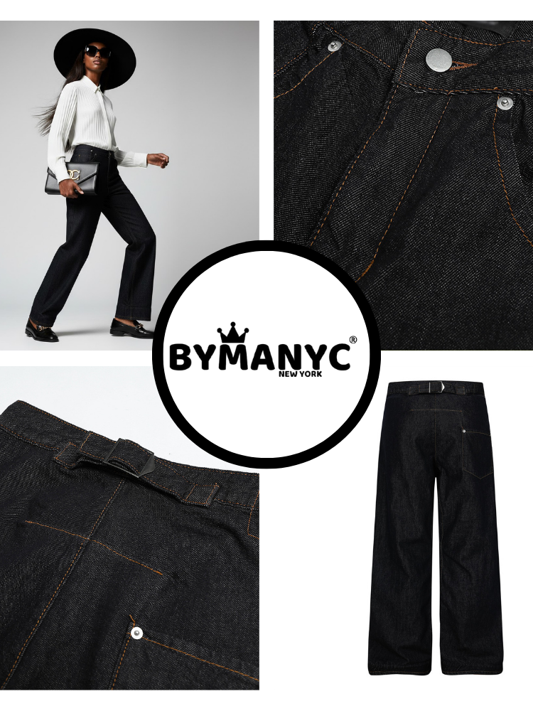 Wide-Leg Denim Trousers with Back Buckle Detail • BYMANYC ® New York-2