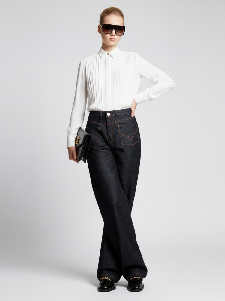 Wide-Leg Denim Trousers with Inverted Pocket Design • BYMANYC ® New York-0