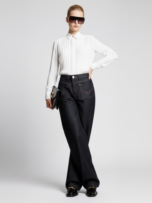 Wide-Leg Denim Trousers with Inverted Pocket Design • BYMANYC ® New York-0