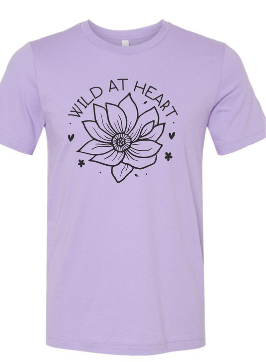 Lavender t-shirt with black floral design and 'Wild at Heart' text on a white background