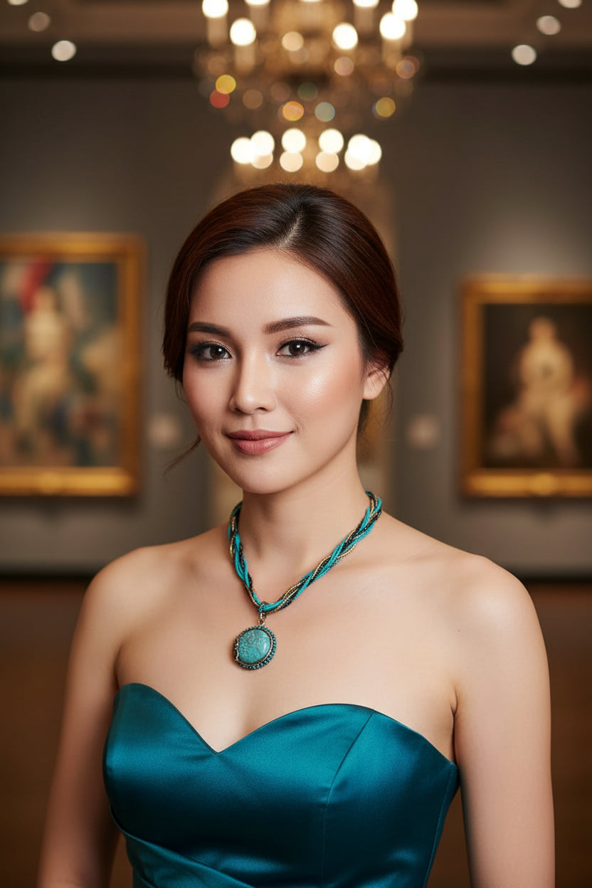 Woman wearing a turquoise necklace 